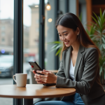 Jeune femme souriante utilisant son smartphone dans un cafe moderne