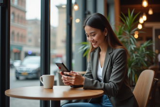 Jeune femme souriante utilisant son smartphone dans un cafe moderne