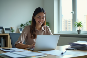Jeune femme professionnelle travaillant sur son CV au bureau