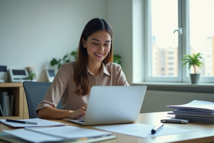 Jeune femme professionnelle travaillant sur son CV au bureau