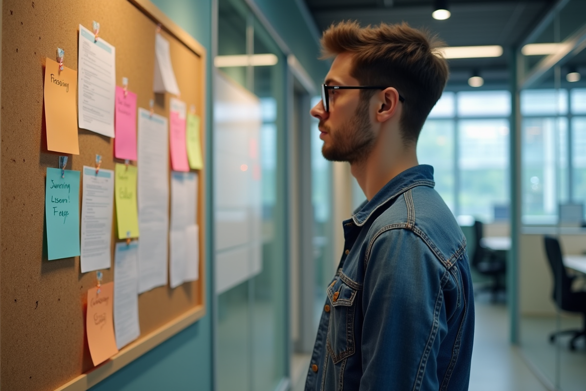Jeune homme observant un tableau de notes dans un bureau