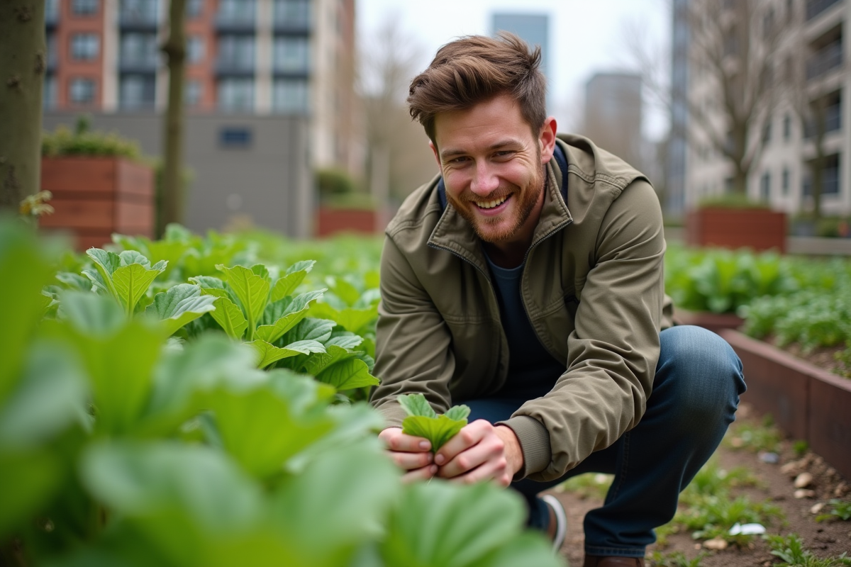 Jeune homme inspectant un jardin communautaire urbain