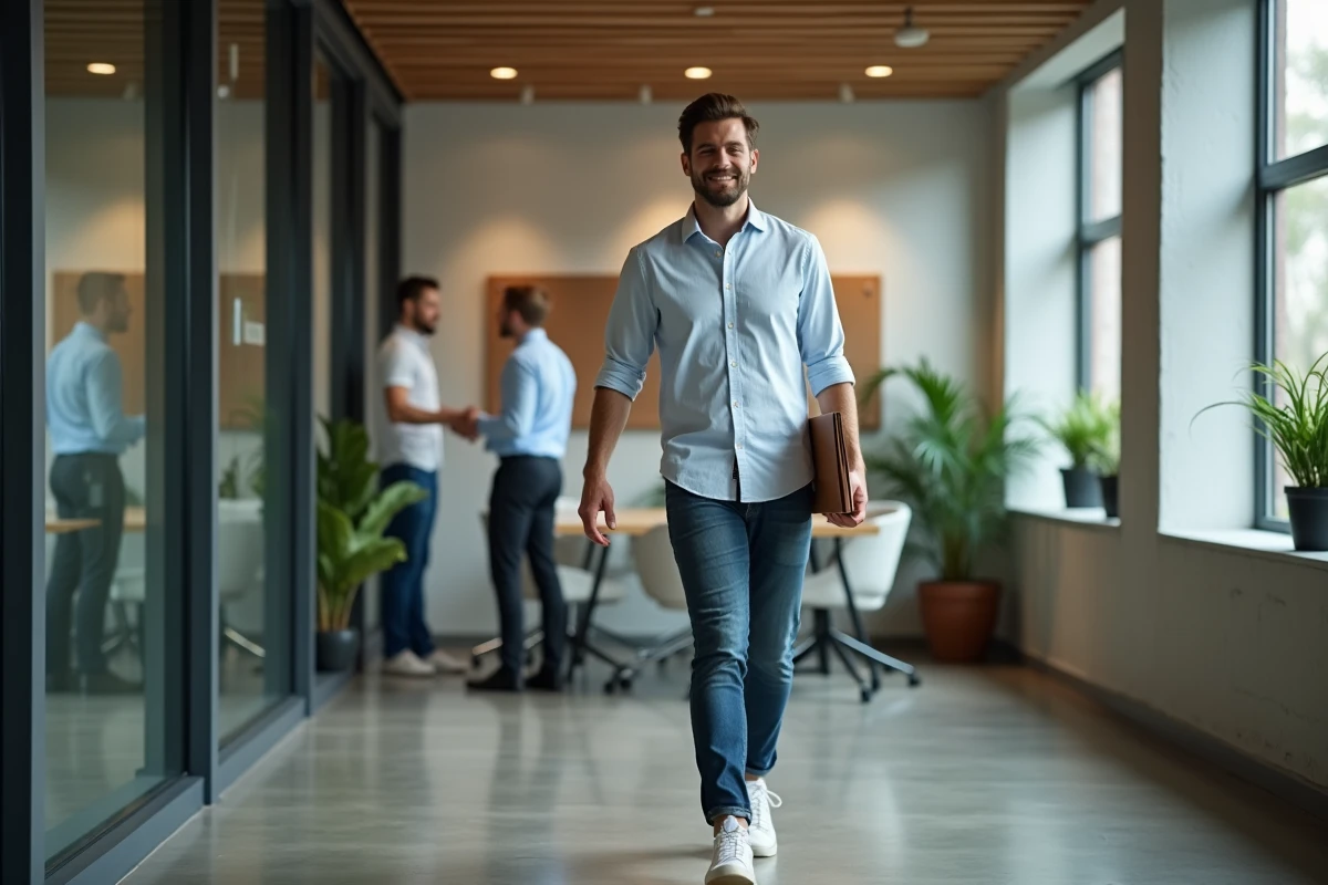 Jeune homme soulagé quittant une salle de réunion
