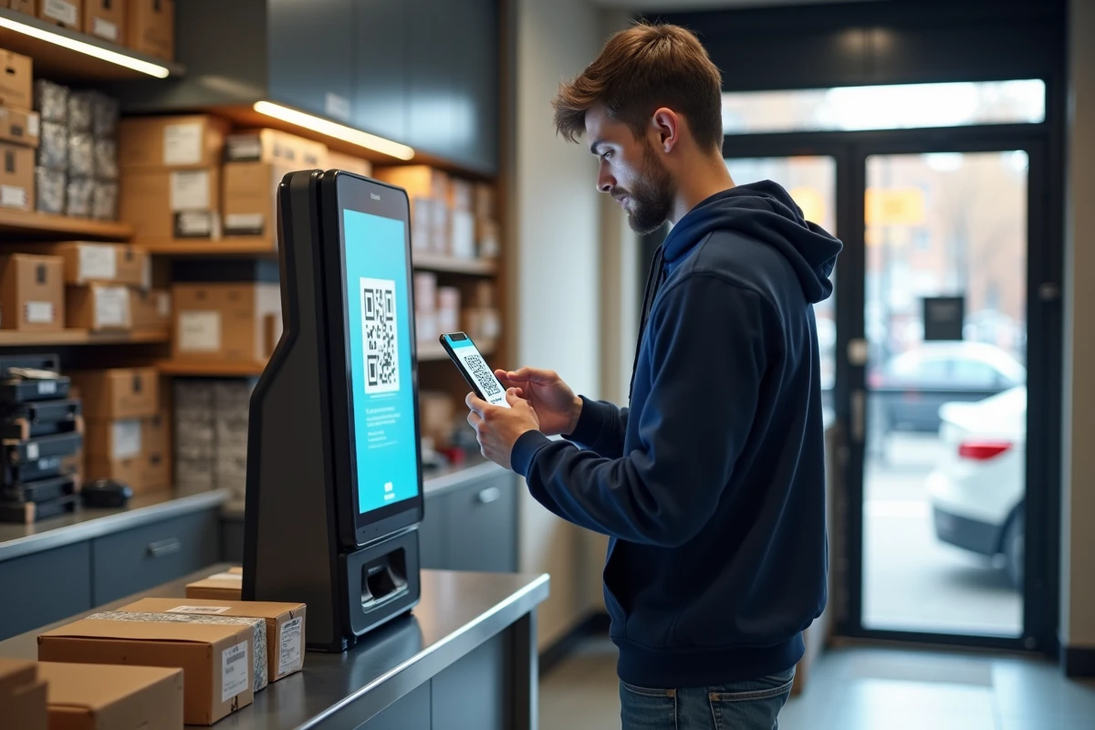 Jeune homme scannant un QR code au kiosque de retrait