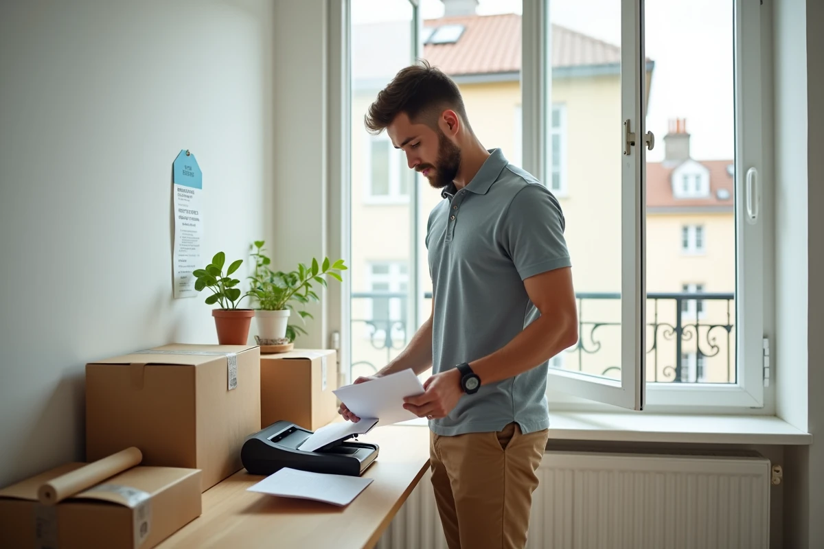Jeune homme scannant des documents dans un bureau à domicile
