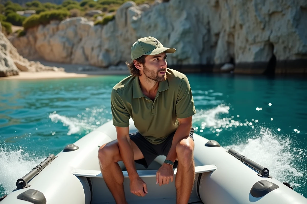 Jeune homme accroupi à la proue d'un semi-rigide naviguant près d'une côte méditerranéenne rocheuse, incarnant l'esprit aventurier des nouveaux plaisanciers
