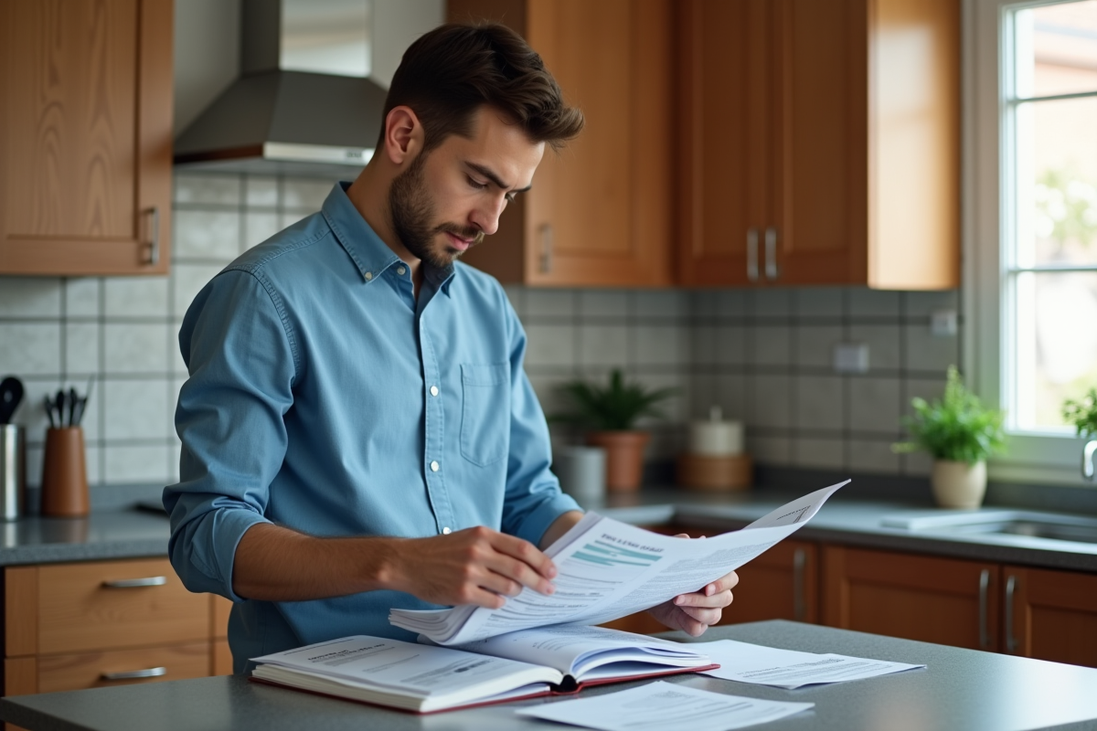 Jeune homme trie des documents dans une cuisine chaleureuse