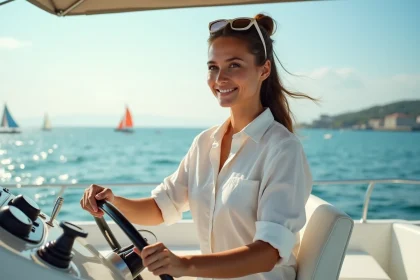 Jeune femme tenant la barre d'un bateau à moteur sur une baie côtière ensoleillée, représentant la nouvelle génération de plaisanciers