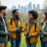 Jeunes adultes plantant des jeunes arbres dans un parc urbain