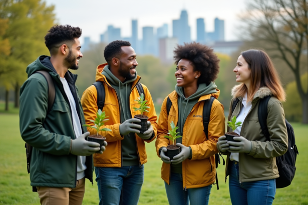 Jeunes adultes plantant des jeunes arbres dans un parc urbain