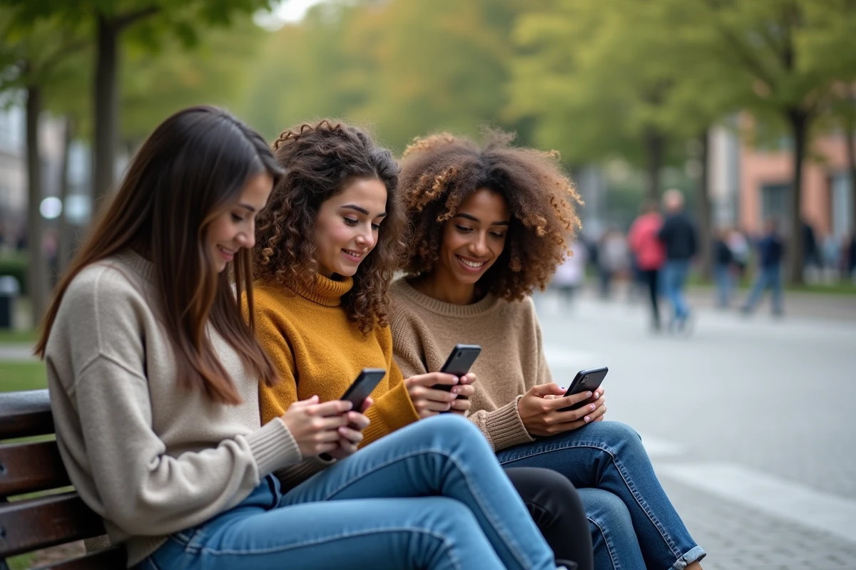 Trois jeunes femmes regardant leurs smartphones dans un parc urbain