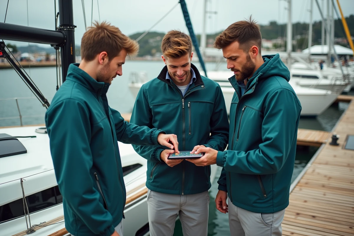 Groupe de jeunes adultes consultant une application de navigation sur tablette à bord d'un voilier moderne amarré dans une marina
