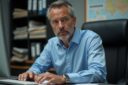 Journaliste homme en bureau avec cartes et ordinateurs