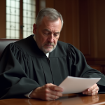 Juge français en robe noire lisant un document dans un tribunal