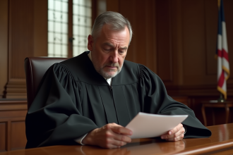 Juge français en robe noire lisant un document dans un tribunal