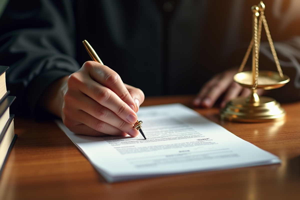 Juge apposant un tampon sur un document officiel avec balance de justice