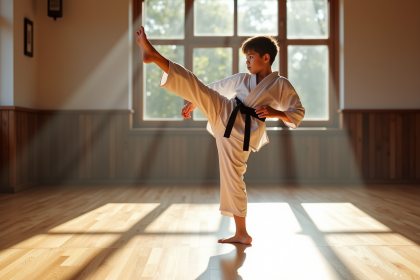 Jeune karatéka professionnel effectuant un coup de pied haut dans un dojo lumineux
