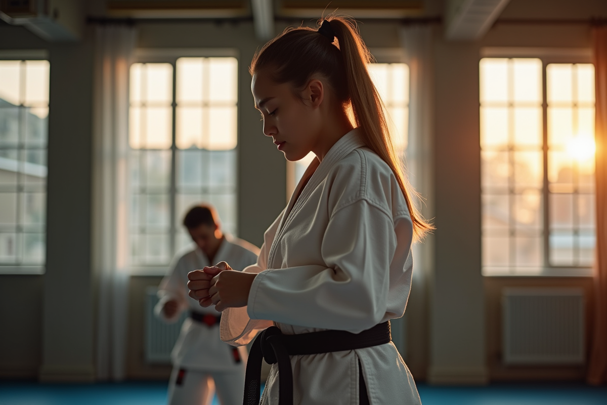 Karatéka concentré nouant sa ceinture noire avant l entraînement