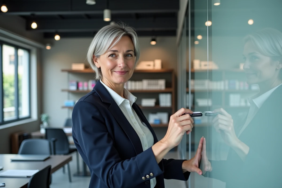 Femme dirigeante présentant une stratégie d'innovation sur un tableau de verre dans un espace de travail moderne dédié à la réflexion collaborative