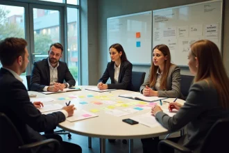 Groupe de professionnels réunis autour d'une table de conférence dans un laboratoire d'innovation universitaire, échangeant des idées sur la croissance stratégique