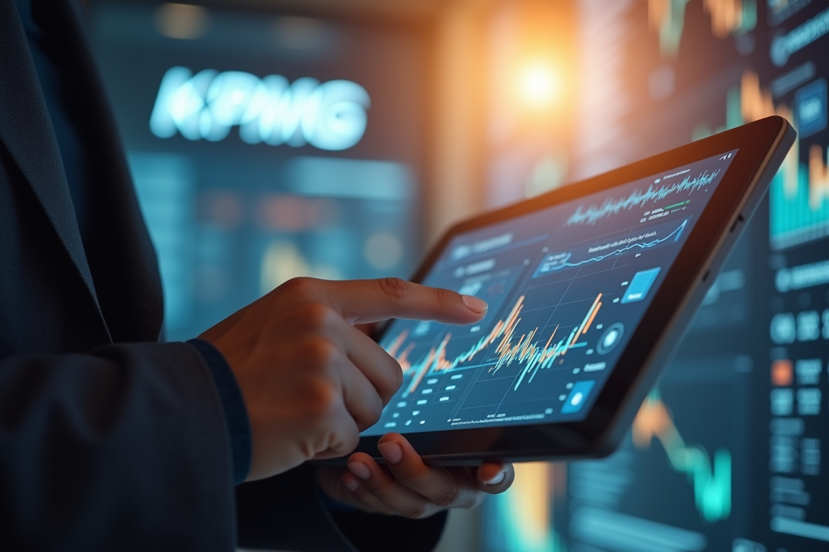 Main utilisant une tablette avec graphiques financiers interactifs