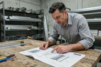 Ingénieur consultant un catalogue de profilés aluminium avec des schémas de sections dans un atelier industriel