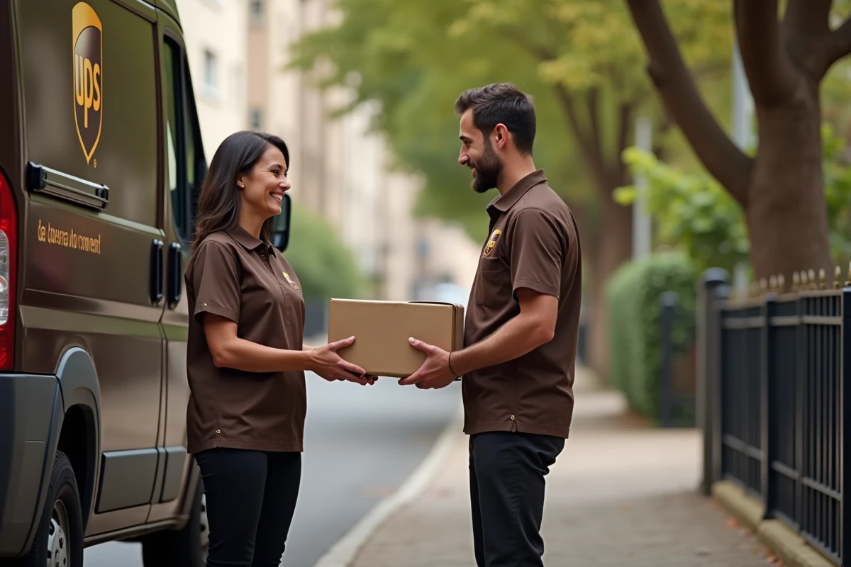 Livreur UPS remettant un colis à une cliente devant sa maison en France