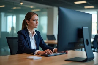 Professionnelle RH utilisant un logiciel de gestion des ressources humaines sur un écran d'ordinateur dans un bureau moderne en 2026