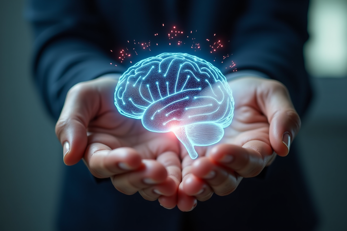 Mains tenant un cerveau holographique d