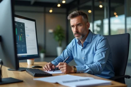 Manager IT concentré au bureau avec écrans et stylus