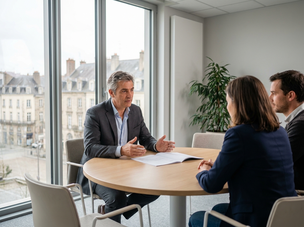 Médiateur familial facilitant une discussion entre deux personnes en cours de séparation dans un bureau moderne à Rennes