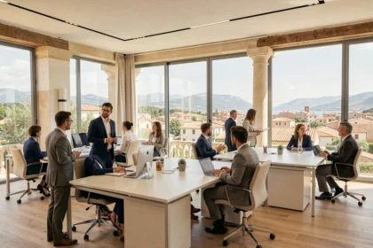 Vue d'ensemble d'un cabinet de recrutement moderne en Provence-Alpes-Côte d'Azur avec des professionnels en réunion