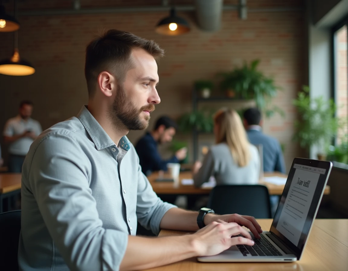 Homme utilisant une plateforme juridique en ligne pour modifier des statuts d'entreprise dans un espace de coworking