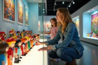 Femme admirant une vitrine de figurines Playmobil dans un musée du jouet en France