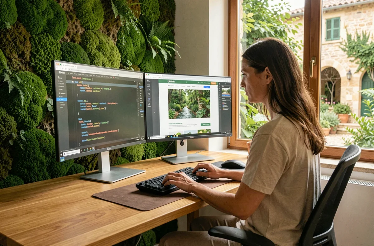 Développeuse web de l'agence Natural-Net codant un site web à Toulouse avec une identité visuelle naturelle, dans un bureau biophilique avec vue sur un jardin en Occitanie