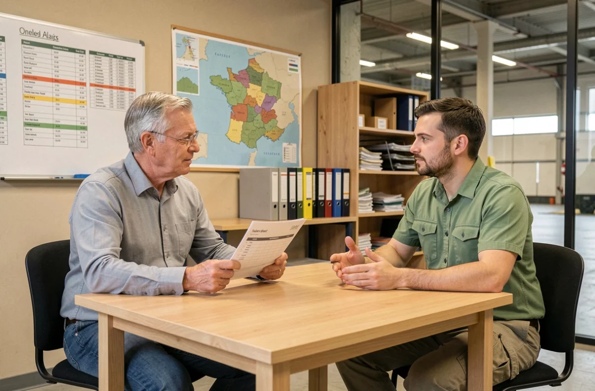 Négociation de salaire entre un chauffeur routier et un responsable logistique dans les bureaux d'une entreprise de transport
