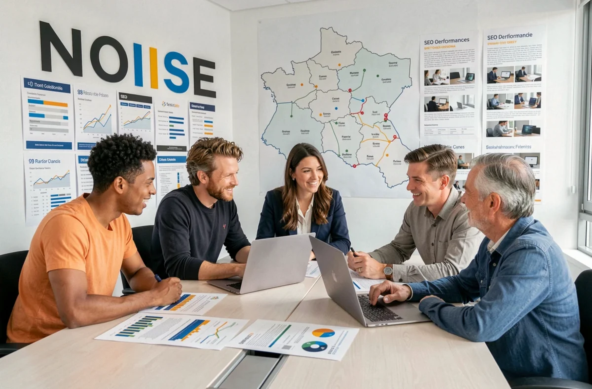 Équipe de l'agence NOIISE en réunion stratégique autour d'analyses SEO et marketing digital avec une carte des clients en Occitanie visible en arrière-plan
