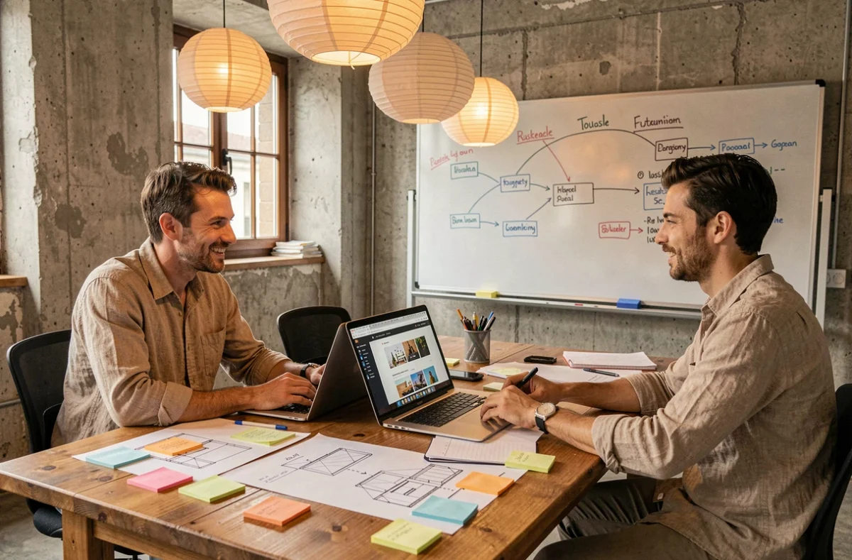 Duo de l'agence Objectif Papillon collaborant sur des maquettes de site web avec des wireframes et un tableau de parcours utilisateur à Toulouse