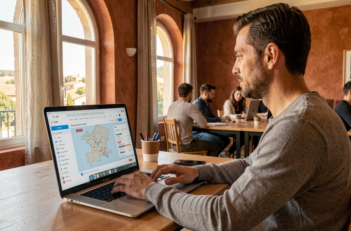 Stratège digital de l'agence OPSIDE travaillant sur des audits SEO locaux pour des clients en Occitanie depuis un espace de coworking