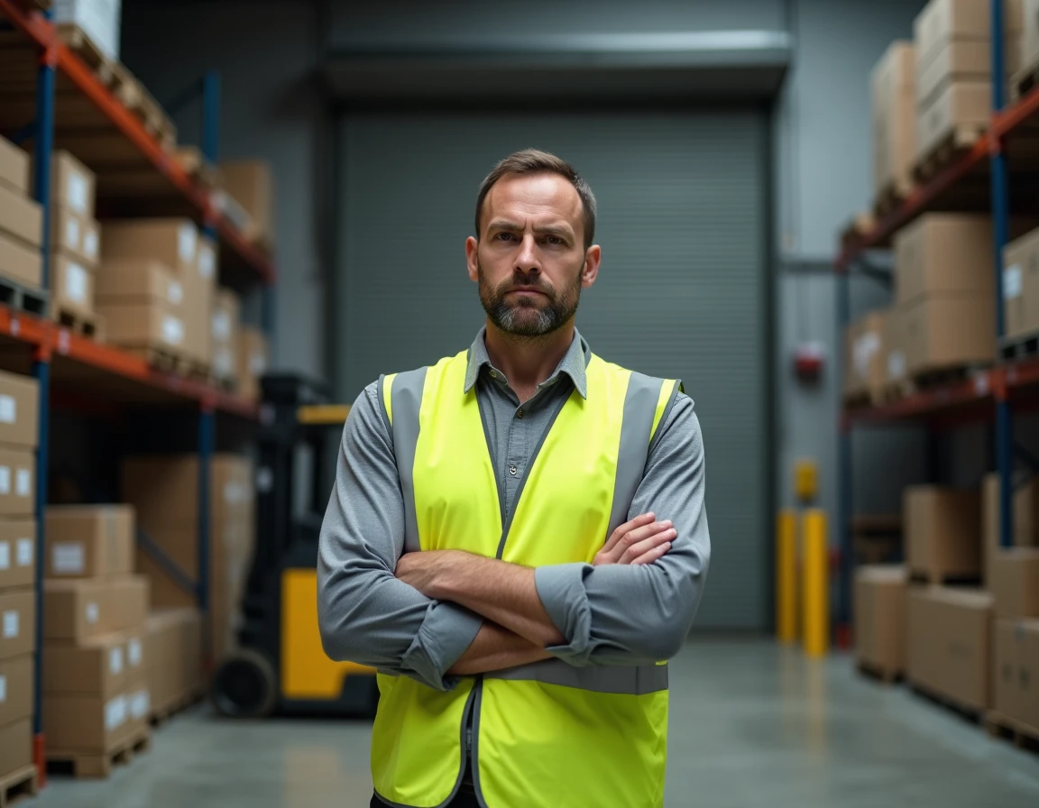 Ouvrier logistique en gilet haute visibilité refusant un contrôle dans un entrepôt industriel, bras croisés en signe de refus