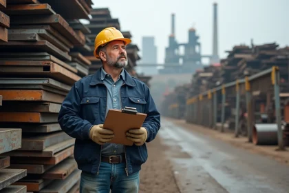Homme dans une casse avec piles de métaux recyclés