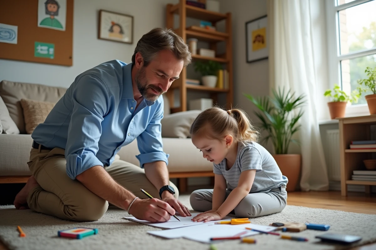 Père aidant sa fille avec un projet scolaire à la maison