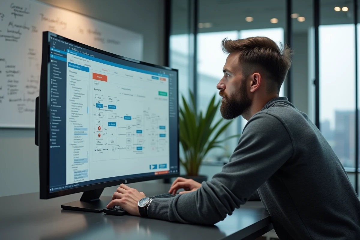 Manager paramétrant un workflow automatisé avec des règles d'approbation dans un bureau vitré moderne