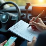 Personne en costume remplissant un carnet de miles dans la voiture