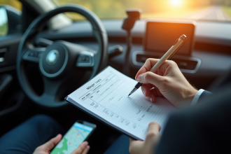 Personne en costume remplissant un carnet de miles dans la voiture