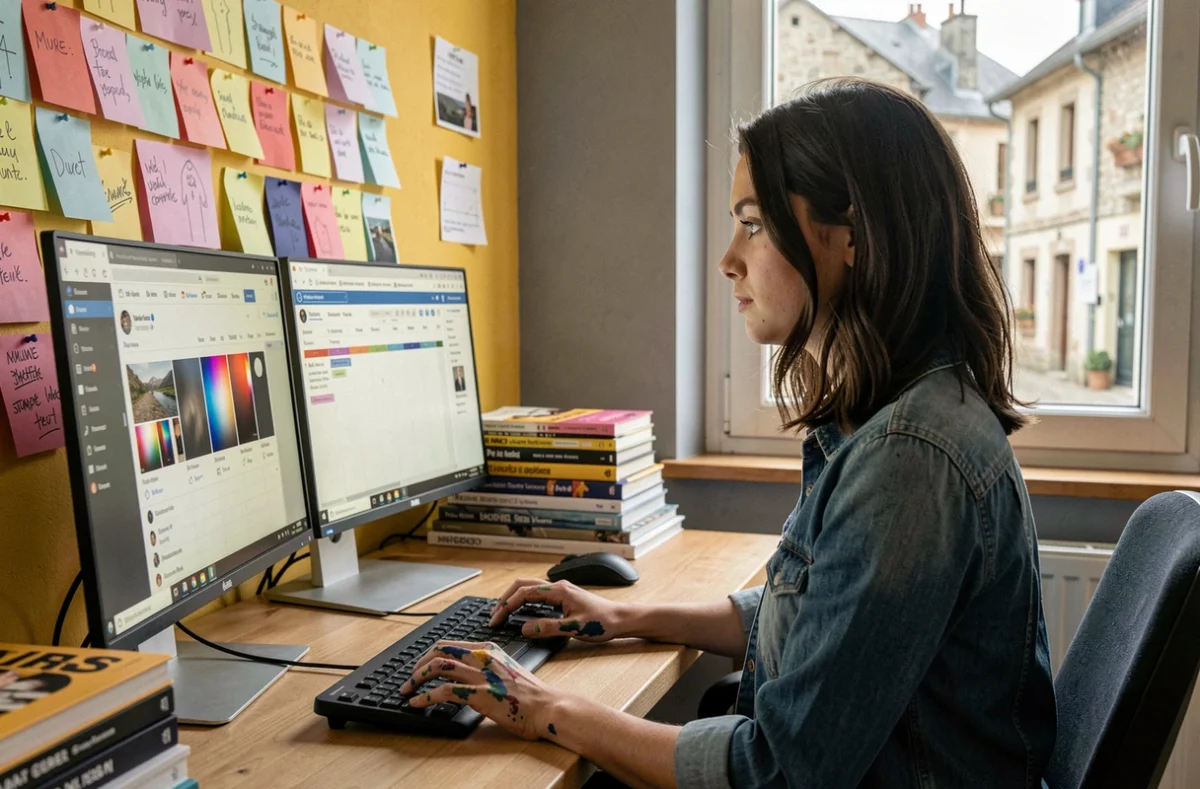 Professionnelle de l'agence Piou Piou Prod travaillant sur une stratégie de communication digitale dans son studio à Muret