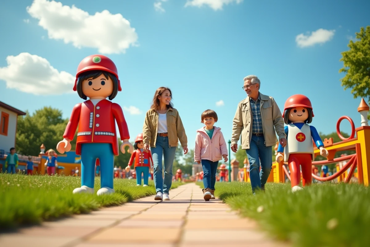 Famille visitant un parc d'attraction Playmobil FunPark en Europe par beau temps