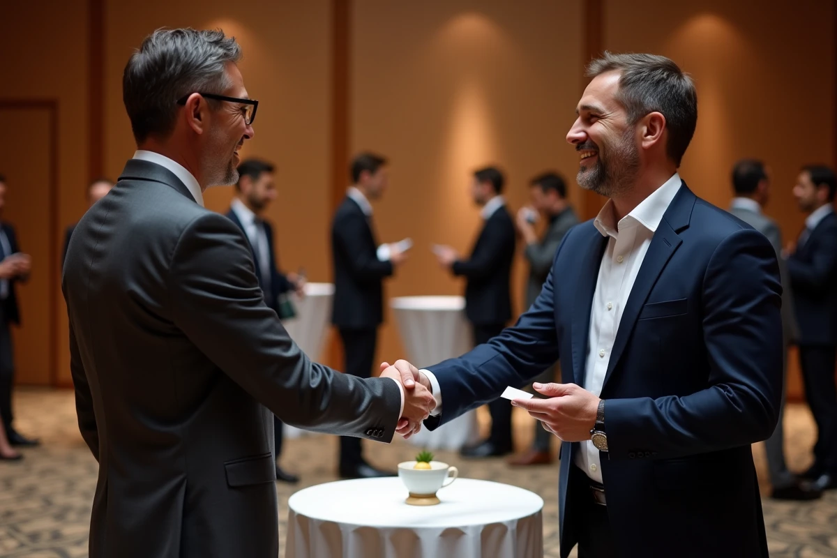 Deux dirigeants d'entreprise échangeant une carte de visite et se serrant la main lors d'un événement B2B professionnel