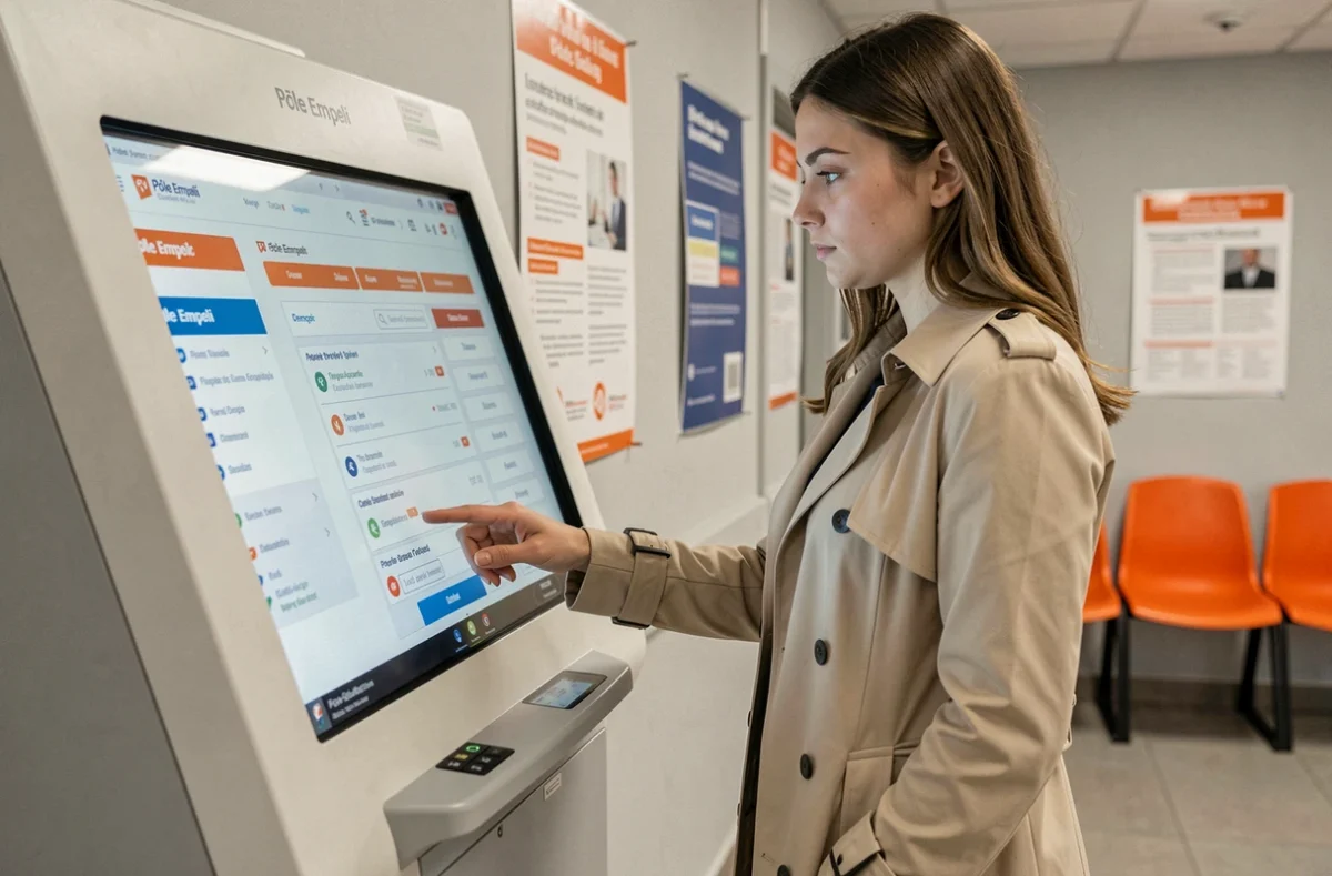Jeune femme utilisant une borne numérique en agence Pôle Emploi pour effectuer une recherche d'emploi par critères