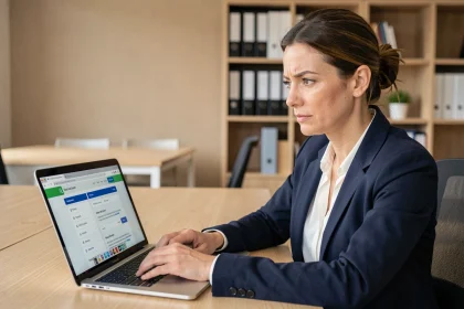 Femme professionnelle utilisant les critères de recherche avancés sur le site Pôle Emploi depuis un bureau moderne